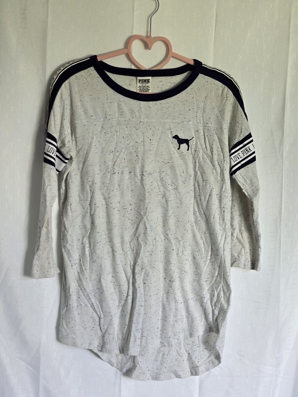 Women's Pink 3/4 Length Sleeve Gray & Navy T-shirt  Size S w/ Love Pink Accent